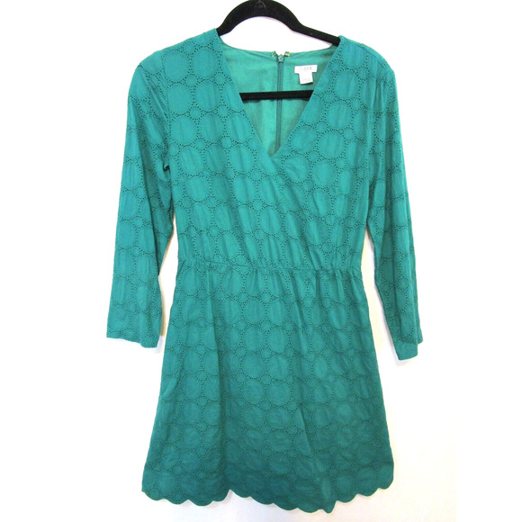 J Crew Green Eyelet Crochet Lace Long Sleeve A Line Dress Women Sz 2 - Picture 1 of 13
